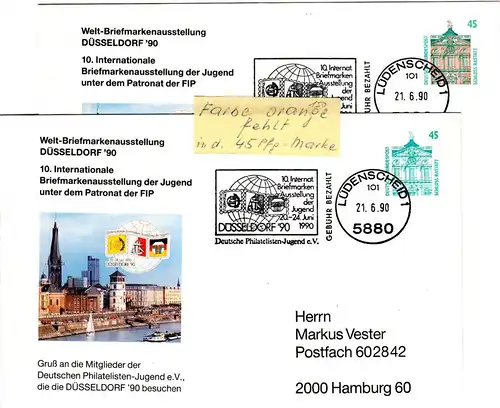 BRD, gebr. 45 Pf. Privatganzsache Brief m. Druckfehler: Farbe orange fehlt!
