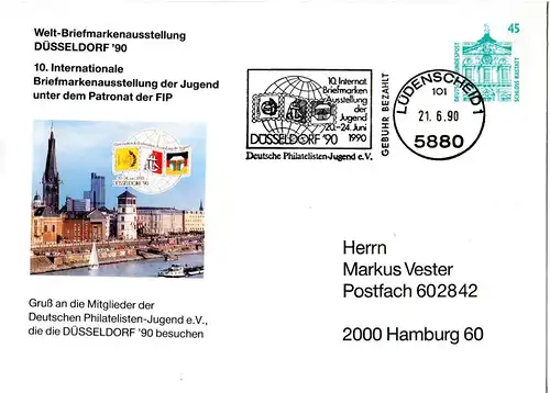 BRD, gebr. 45 Pf. Privatganzsache Brief m. Druckfehler: Farbe orange fehlt!