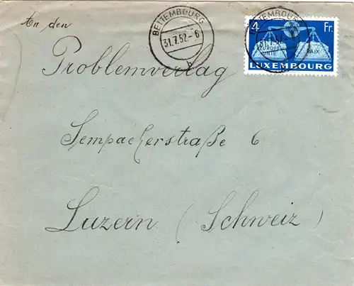 Luxemburg Nr.483, EF 4 Fr. auf Brief in die Schweiz. (Mi. gest. 50 €!)