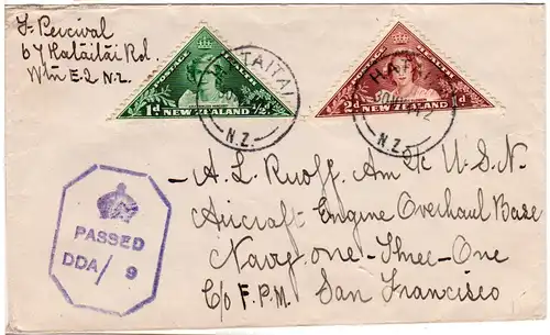 Neuseeland 1944, 1+2d Gesundheit Dreiecksmarken auf Zensurbrief n. USA