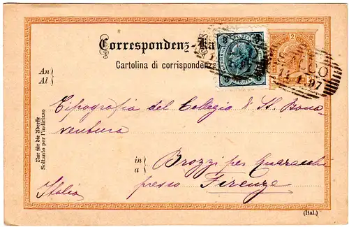 Österreich 1897, Tirol-Stempel SACCO auf 2 Kr. Ganzsache m. Zusatzfr.n. Italien.