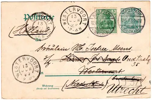 DR 1903, 5 Pf. auf 5 Pf. Ganzsache v. Neustadt (Meckl.) n. Holland. Nachsendung.