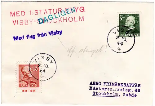 Schweden 1944, 5+15 öre auf Erstflug Brief v. Visby n. Stockholm