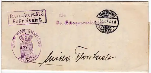 DR 1907, Frei lt. Avers No.5. Gr. Kreisamt auf Brief v. Friedberg Hessen