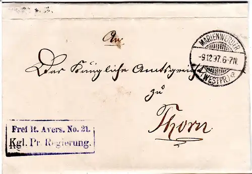 DR 1897, Frei lt. Avers No.21 Kgl. Pr. Regierung auf Brief v. Marienwerder