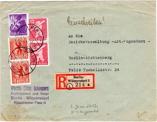 Berlin 1946, 5 Marken auf portorichtigem R-Doppel-Ortsbrief 