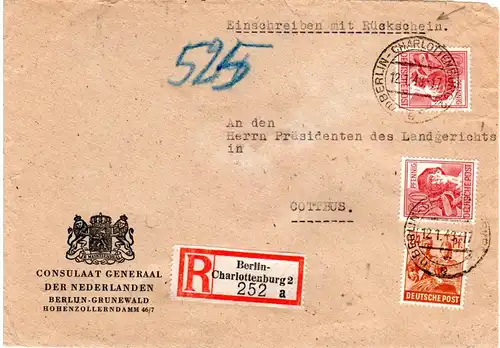 1948, 2x60+24 Pf. auf portorichtigem Konsulats Reko-Rückschein Brief v. Berlin