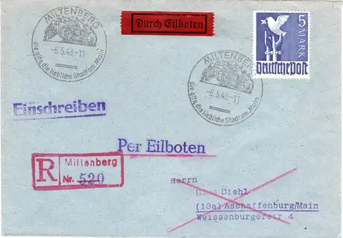 1948, 5 Mark auf Einschreiben-Eilboten Brief m. Reko-Stpl. v. Miltenberg