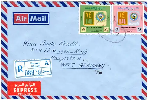 Kuwait 1975, 2 Marken auf Einschreiben Express Brief v. SAFAT A n. Deutschland
