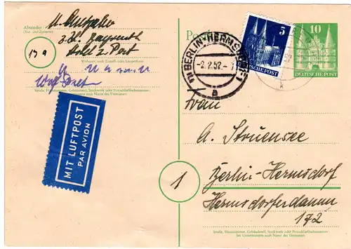 BRD 1952, 5 Pf. Bauten als Zusatzfr. auf 10 Pf. Luftpost Ganzsache v. Bayreuth