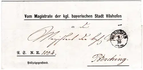 Bayern 1871, Zier-K1 VILSHOFEN klar auf Polizeigegenstand-Brief n. Berching