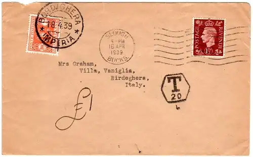 GB 1939, 1 1/2d auf Brief v. Slough m. T-Stpl. u. Italien 1 L. Portomarke
