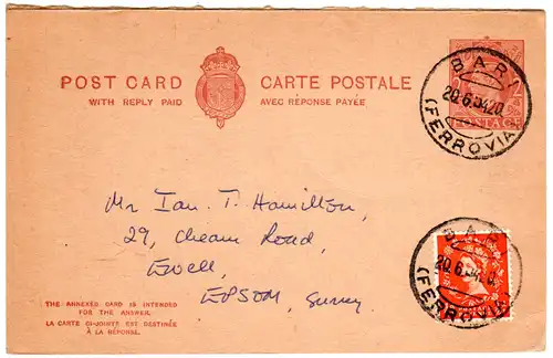 GB 1954, 1/2d Zusatzfr. auf 2d Ganzsache Antwortteil zurück v. Bari Italien