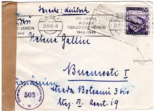 Österrech 1945, 60 G. auf Zensur Brief v. Wien m. Rumänien Propaganda Stempel