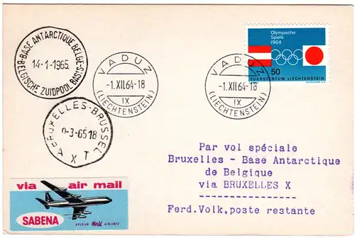 Sabena Polarflug Brüssel - Base Antarctique 1964,  Zuleitung v. Liechtenstein!