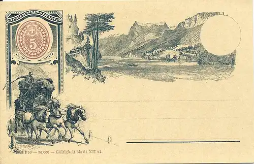 Schweiz 1893, ungebr. 5 C. Jubiläums Bild Ganzsache m. Pferde Post Kutsche