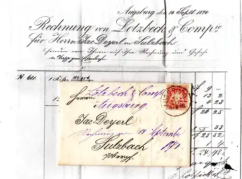 Bayern 1874, 3 Kr. auf Firmen Brief v. Augsburg n. Sulzbach OPf.
