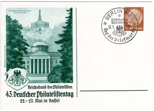 DR 1938, 3 Pf. Privat Ganzsache m. Stpl. Berlin Tag der Briefmarke