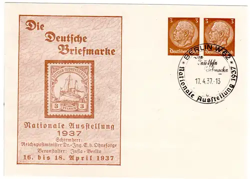 DR, 3+3 Pf. Privatganzsachenkarte Berlin Ausstellung 1937 m. entspr. Sonderstpl.