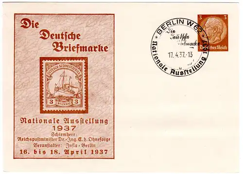 DR, 3 Pf. Privatganzsachenkarte Berlin Ausstellung 1937 m. entspr. Sonderstpl.