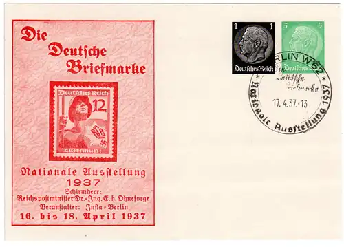 DR, 1+5 Pf. Privatganzsachenkarte Berlin Ausstellung 1937 m. entspr. Sonderstpl.