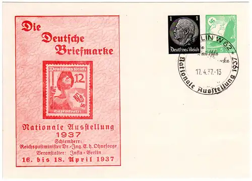 DR, 1+5 Pf. Privatganzsachenkarte Berlin Ausstellung 1937 m. entspr. Sonderstpl