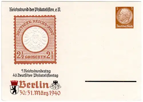 DR, ungebr. 3 Pf. Privatganzsachenkarte z. 46. Dt. Philatelistentag Berlin