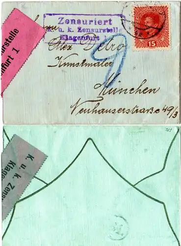 Österreich 1917, 15 H. auf Brief an Kunstmaler A. Detro m. Klagenfurt Zensur