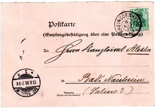 Bayern 1908, K2 RHEINGOENHEIM als Fremdentwertung auf Karte m. DR 5 Pf. Germania