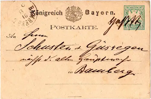 Bayern 1876, hds. Entwertung Hassfurt klar auf 5 Pf. Ganzsache n. Bamberg