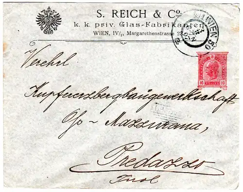 Österreich 1907, 10 H. S. Reich & Co. Privat Ganzsache Brief v. Wien n. Predazzo