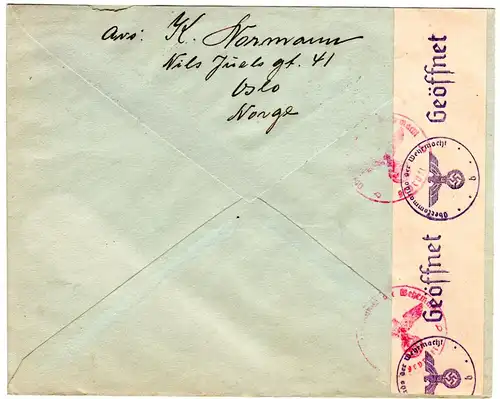 Norwegen 1943, 20 öre Grieg auf Einschreiben Zensur Brief v. Oslo i.d. NL