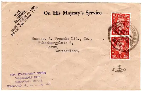 GB, Paar 1 1/2d m. Symbol-perfin auf On His Majesty Service Brief i.d. Schweiz