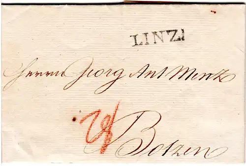 Österreich 1826, L1 LINZ auf schönem Porto Brief n. Bozen.