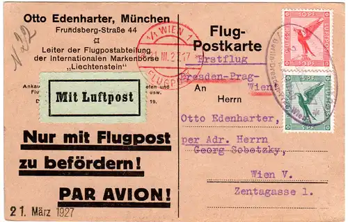 DR 1929, 5+10 Pf. auf Erstflug Sonder-Karte Dresden-Wien m. Sonderstpl.