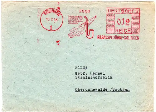 DR 1943, Brief m. Solingen Landmaschinen Werbefreistempel m. Abb. Tabakpfeife 