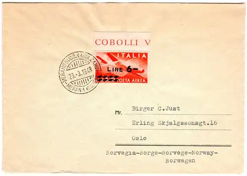 Italien 1948, EF 6/3,20 Lire auf Drucksachenumschlag v. Meran n. Norwegen