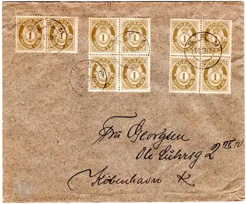 Norwegen 1912, 2 Vierblöcke u. Paar 1 öre auf Brief v. SEM n. Dänemark.