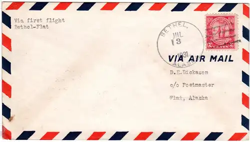 USA 1931, 2 C. auf Alaska 1st Flight Brief Bethel-Flat