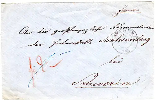 K2 Hamburg auf Franko Brief n. Sachsenberg b. Schwerin. Rücks. Bahnpost