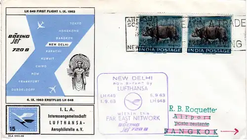 Indien 1963, Paar 15 nP. Nashorn auf Lufthansa Erstflug Brief New Delhi-Bangkok