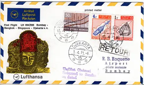 Indonesien 1971, 3 Marken auf Lufthansa Erstflug Brief Djakarta-Bombay. 