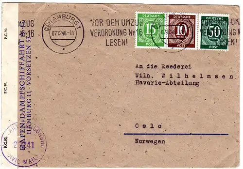 1946, 10+15+50 Pf Ziffern auf portorichtigem Zensur Brief v. Hamburg n. Norwegen