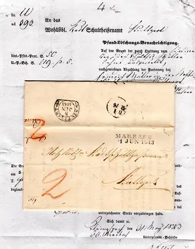 Württemberg 1843, L2 MARBACH auf Porto Brief m. gedrucktem Inhalt v. Kleinaspach
