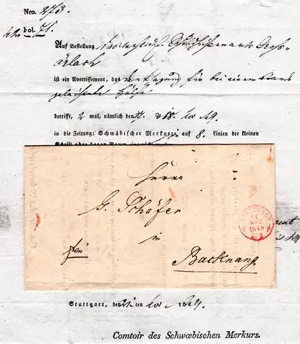 Württemberg 1849, roter Zier-K2 Stuttgart auf Franco Brief m. gedrucktem Inhalt
