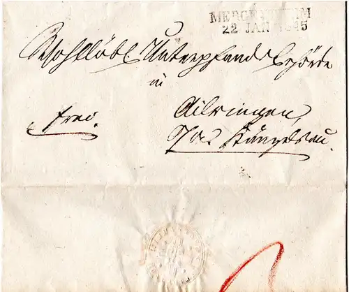 Württemberg 1845, L2 MERGENTHEIM auf Franco Brief m. Stadtrats-Prägesiegel