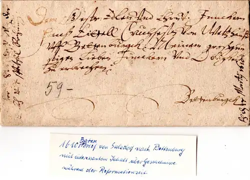 Württemberg 1610, früher Brief m. interessantem Inhalt v. Sulzbach n. Bettenberg