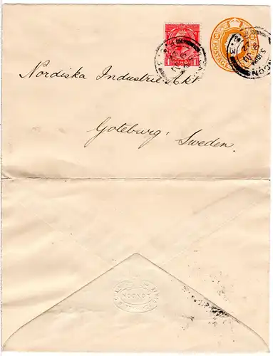 GB 1922, 1d with perfin on 2d Sationery envelope from London to Sweden