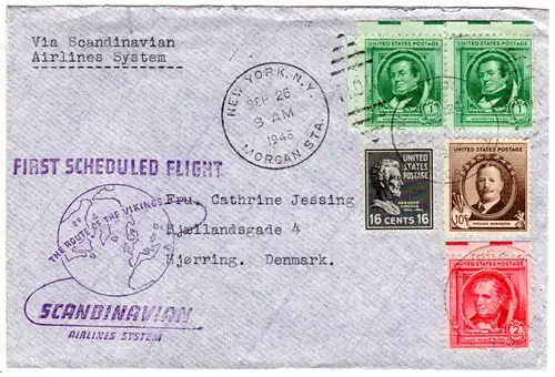 USA 1946, 5 stamps on SAS 1st. Flight cover from New York to Denmark