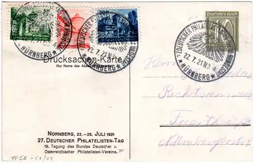 DR, gebr. 10 Pf. Privatganzsache 23 Dt. Philatelistentag Nürnberg 1921 